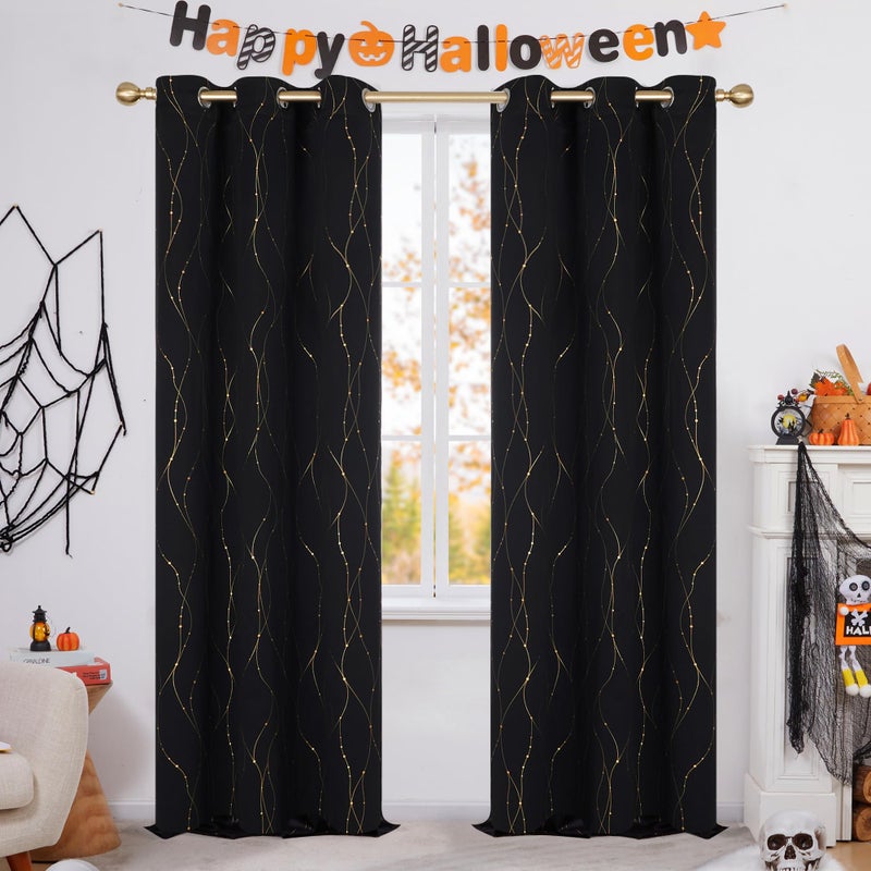 Deconovo Blackout Curtains 2 Panels for Bedroom and Living Room, Gold Foil Wave Lines and Dots, Thermal Insulated Room Darkening Grommet Window Drapes for Nursery, Black, 52W x 108L Inch - Image 1